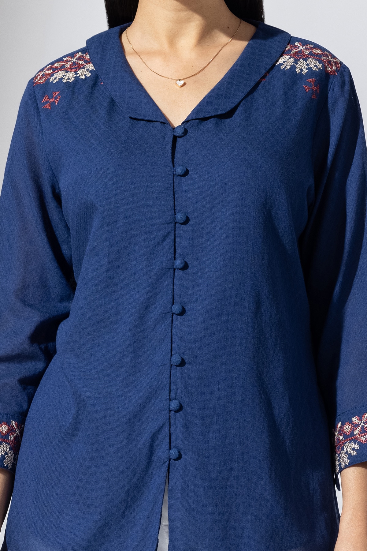 Embroidered Azure Blue Shirt For Ladies