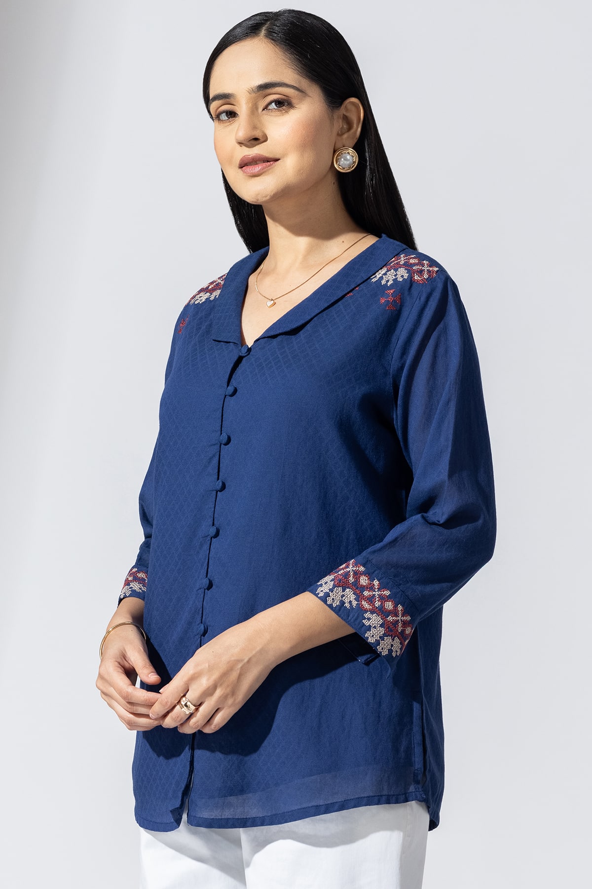 Embroidered Azure Blue Shirt For Ladies