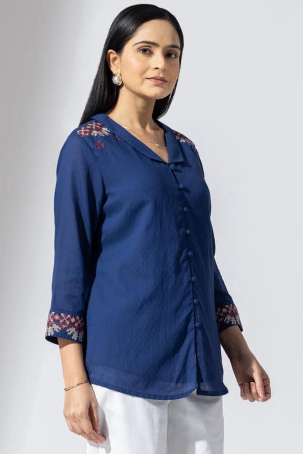 Embroidered Azure Blue Shirt For Ladies
