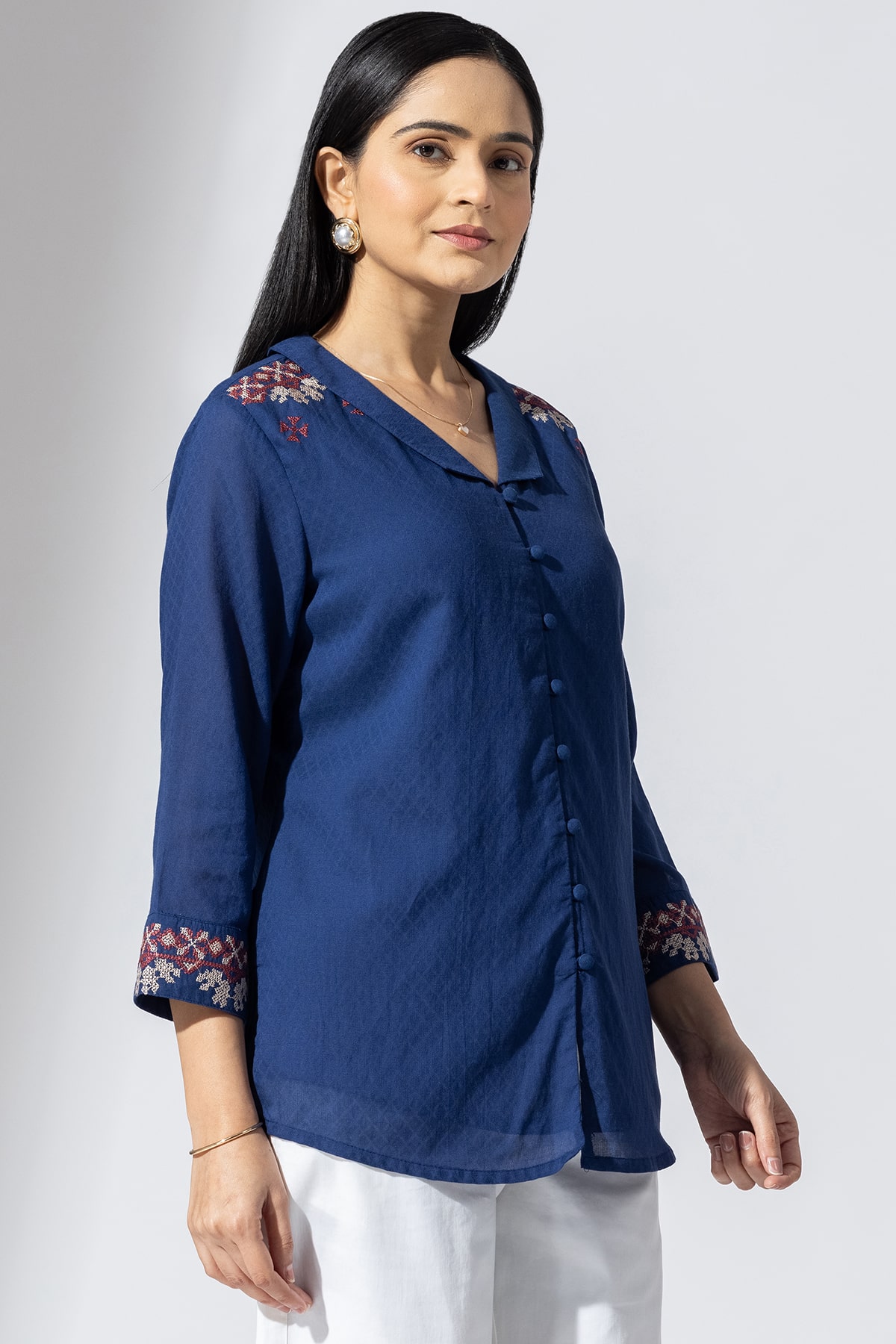 Embroidered Azure Blue Shirt For Ladies