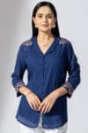 Embroidered Azure Blue Shirt For Ladies