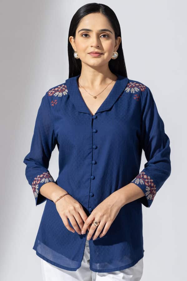 Embroidered Azure Blue Shirt For Ladies
