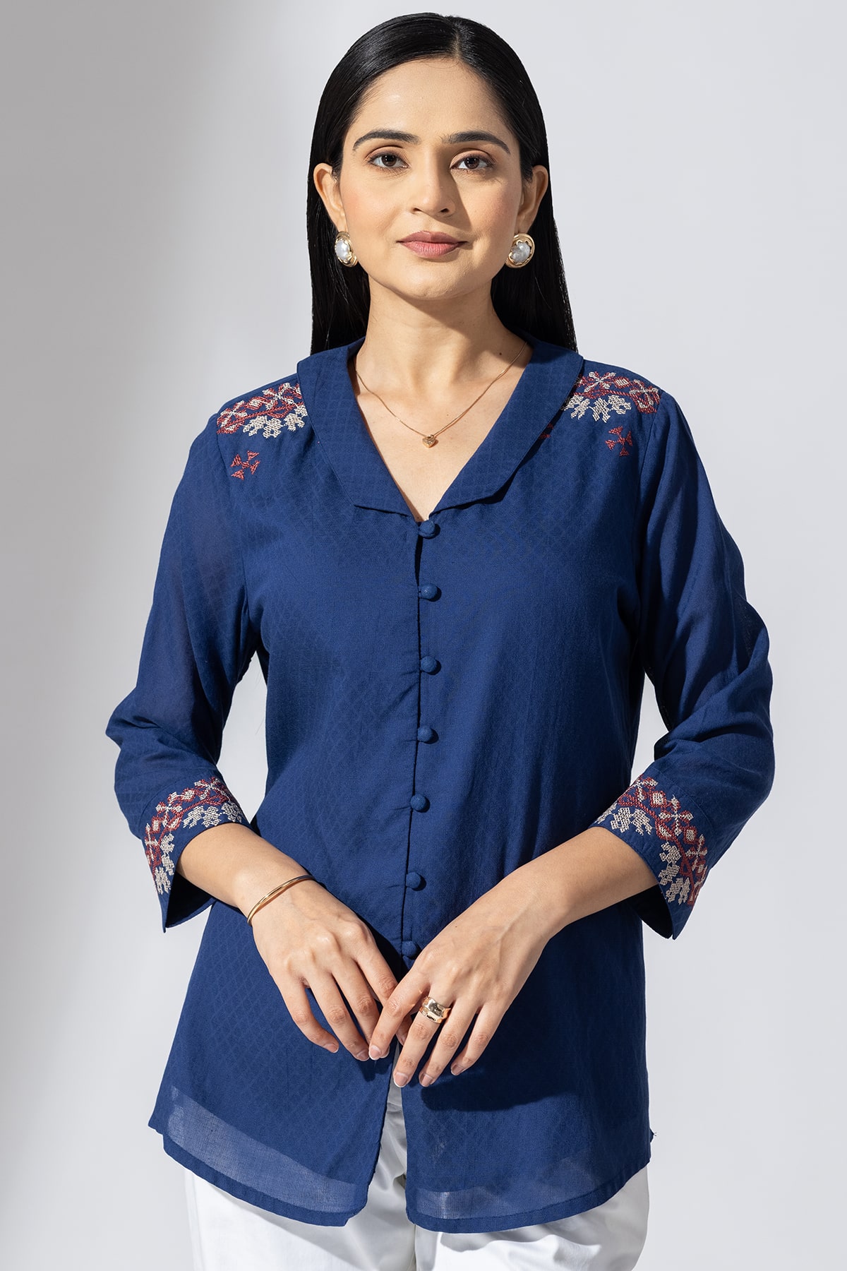Embroidered Azure Blue Shirt For Ladies