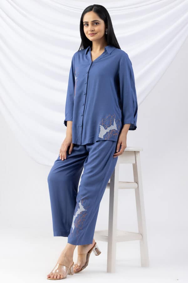 Embroidered Co Ord Blue Shirt Women