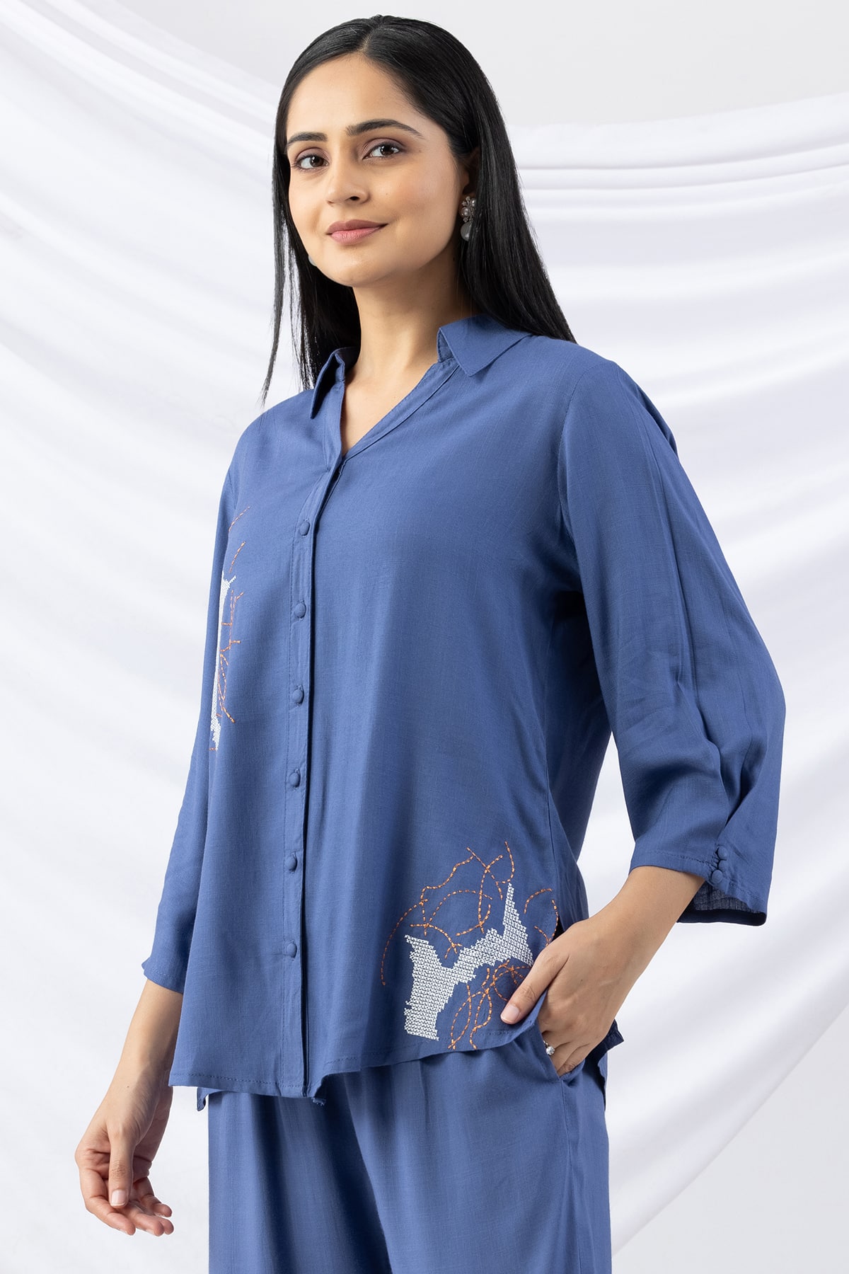 Embroidered Co Ord Blue Shirt Women