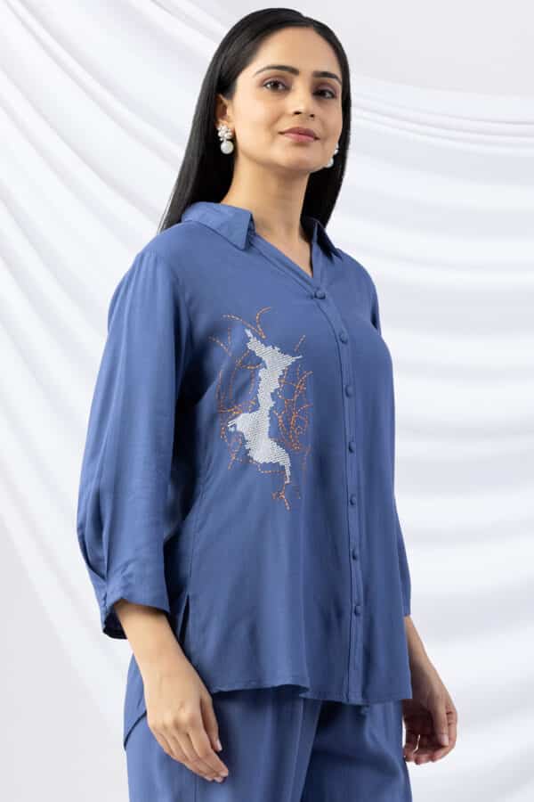 Embroidered Co Ord Blue Shirt Women