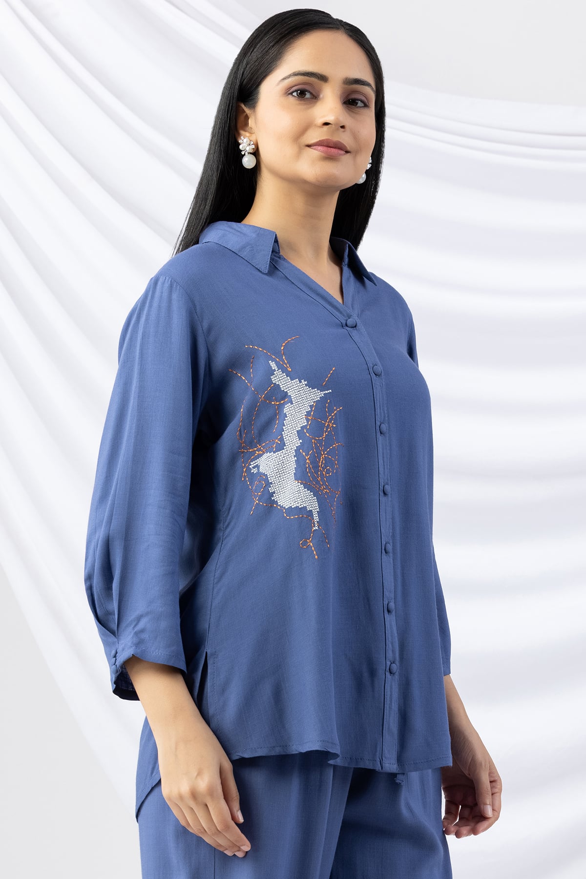 Embroidered Co Ord Blue Shirt Women