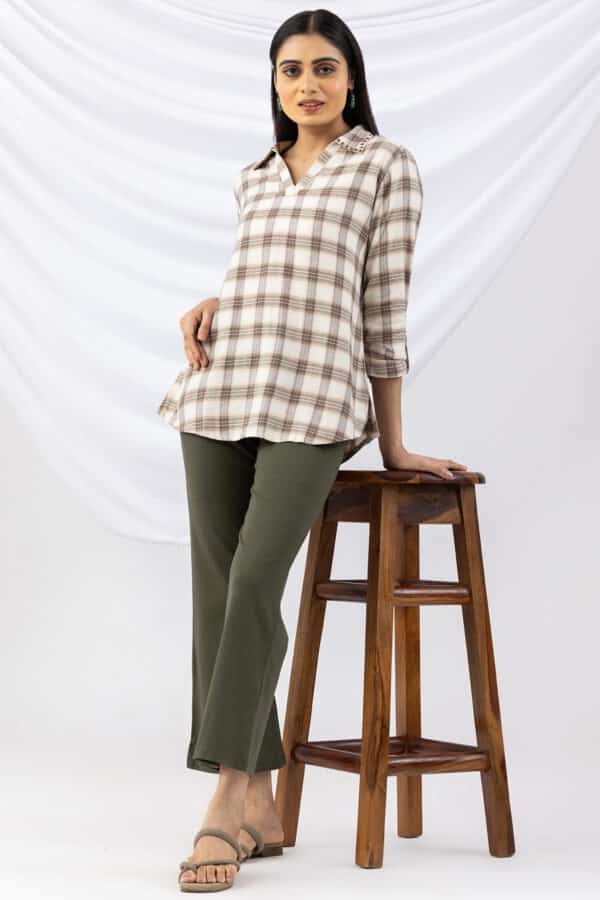beige tops checked brush rayon twill collared 3/4 sleeves winter wear