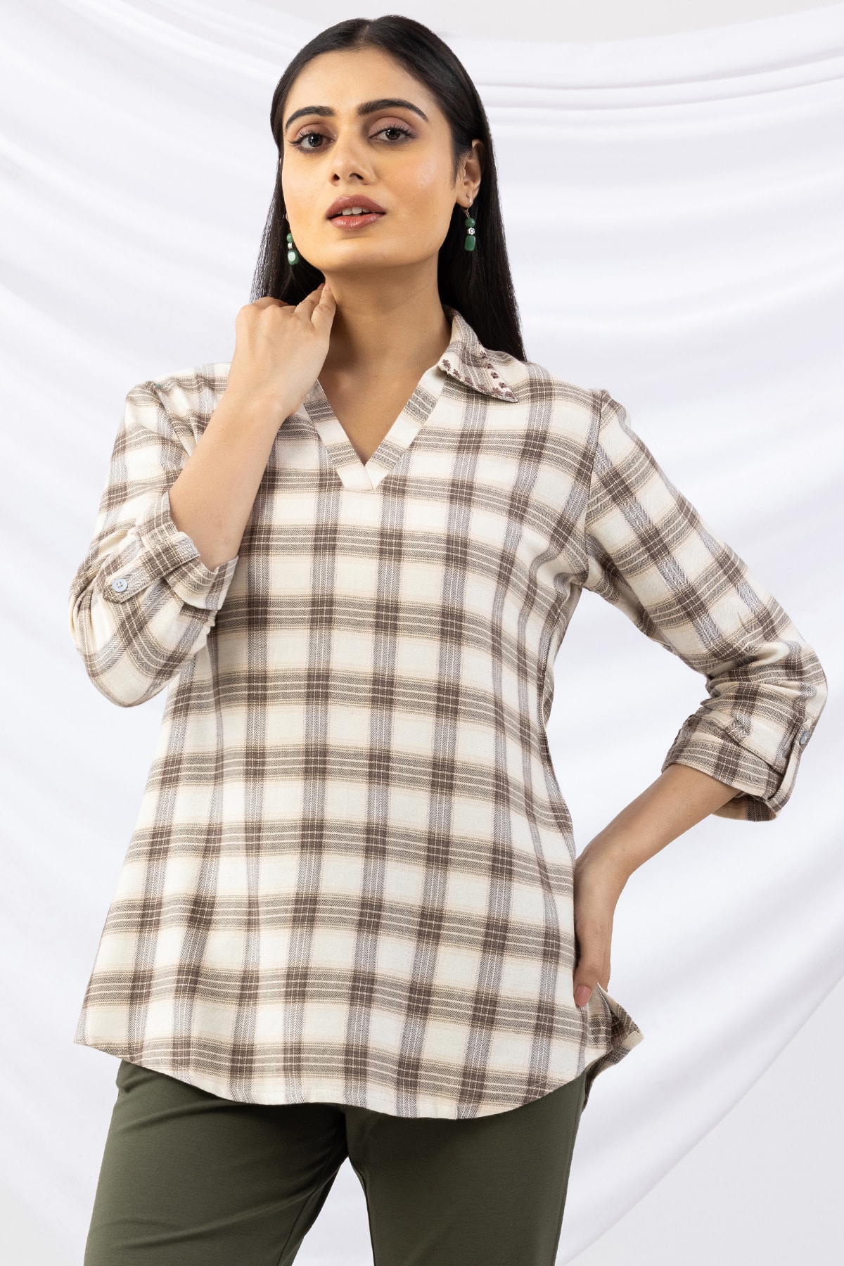 beige tops checked brush rayon twill collared 3/4 sleeves winter wear