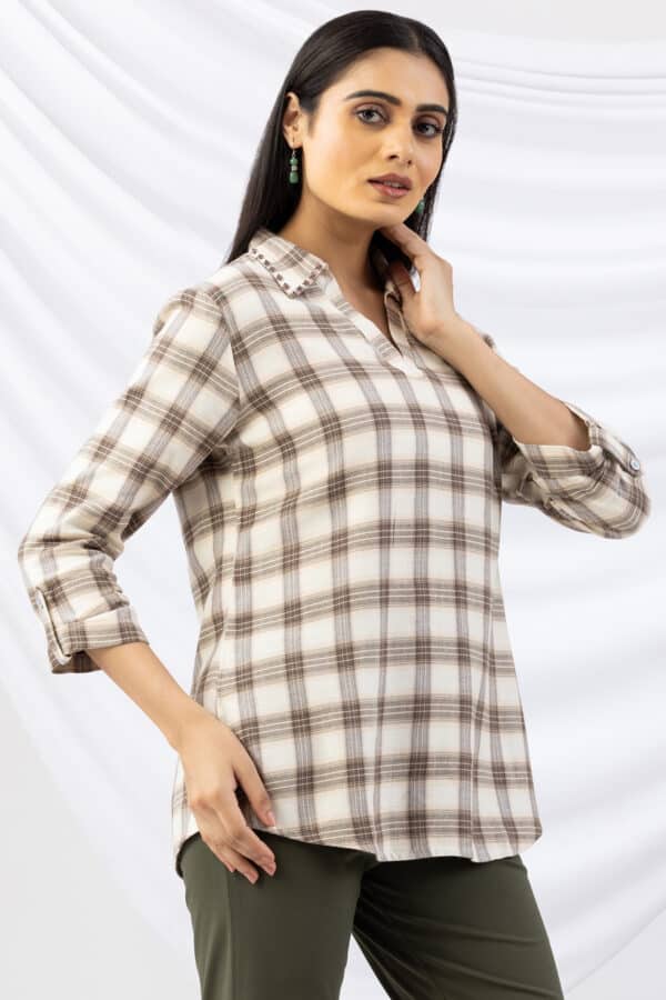beige tops checked brush rayon twill collared 3/4 sleeves winter wear