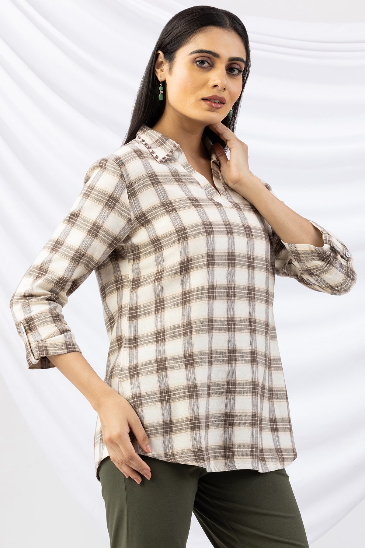 beige tops checked brush rayon twill collared 3/4 sleeves winter wear
