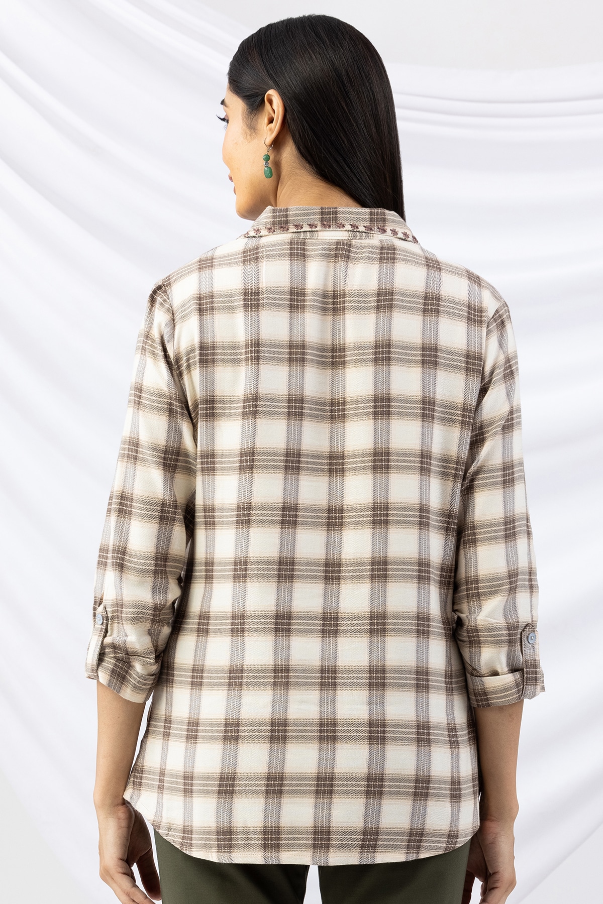 beige tops checked brush rayon twill collared 3/4 sleeves winter wear