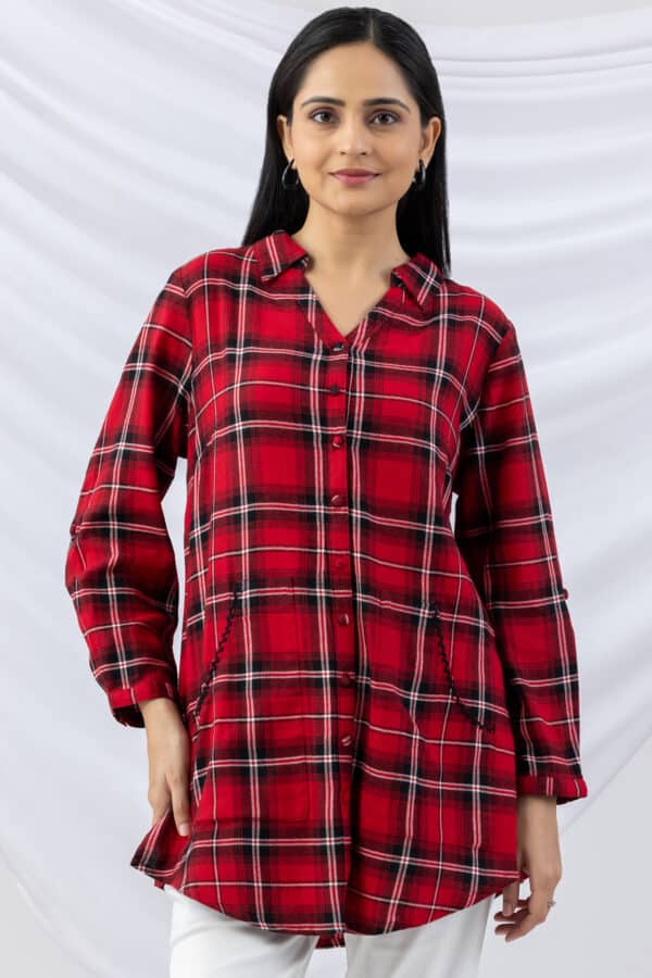 checks shirt red brush rayon twill collared 3/4 sleeves winter long shirt