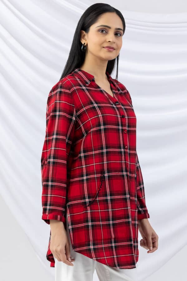 checks shirt red brush rayon twill collared 3/4 sleeves winter long shirt