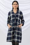 winter tunic tops for women navy checked brush rayon twill collared 3/4 sleeves