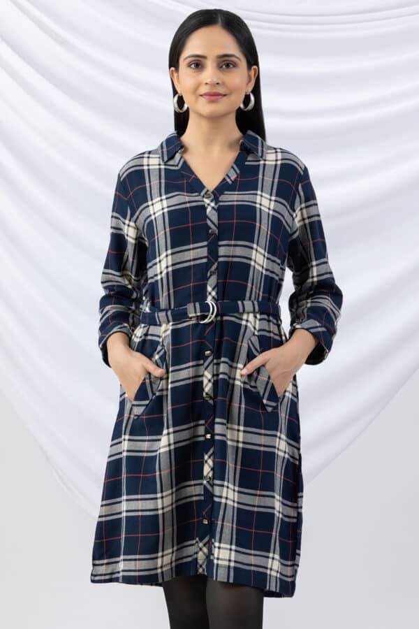 winter tunic tops for women navy checked brush rayon twill collared 3/4 sleeves