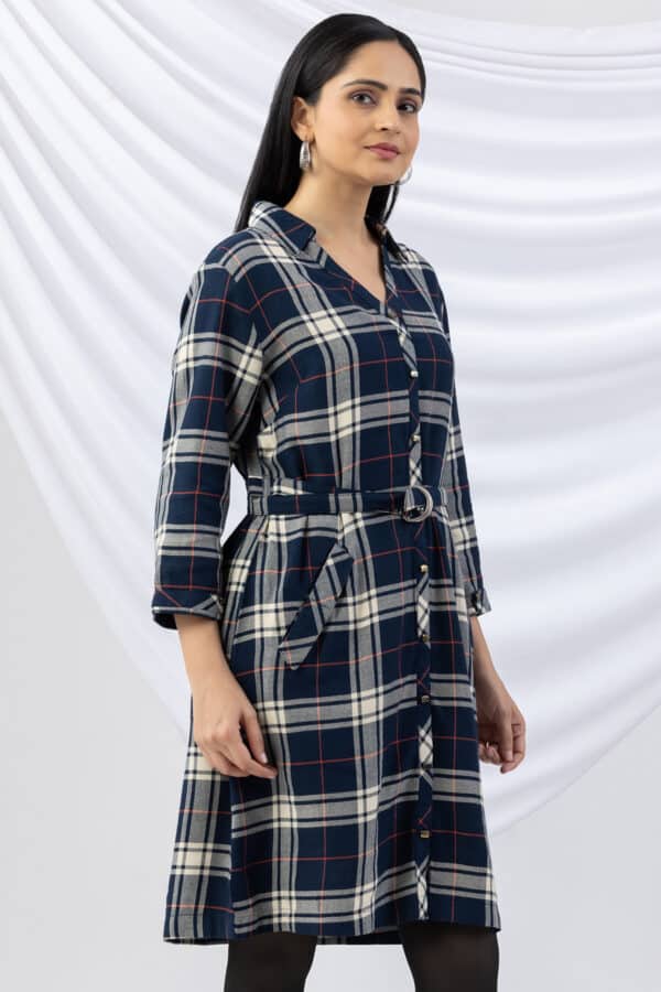 winter tunic tops for women navy checked brush rayon twill collared 3/4 sleeves