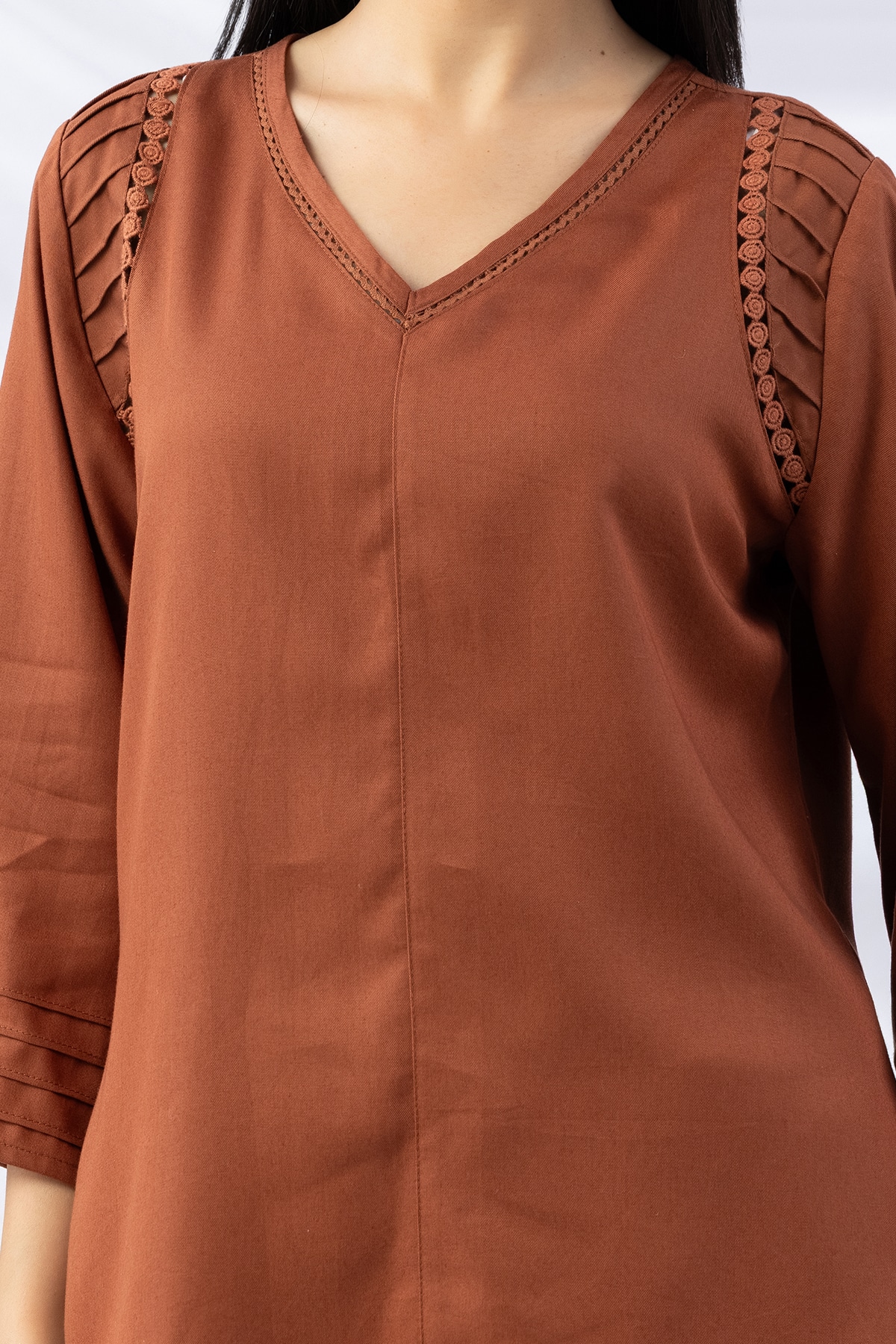 Pintuck Brown Winter Top For Ladies