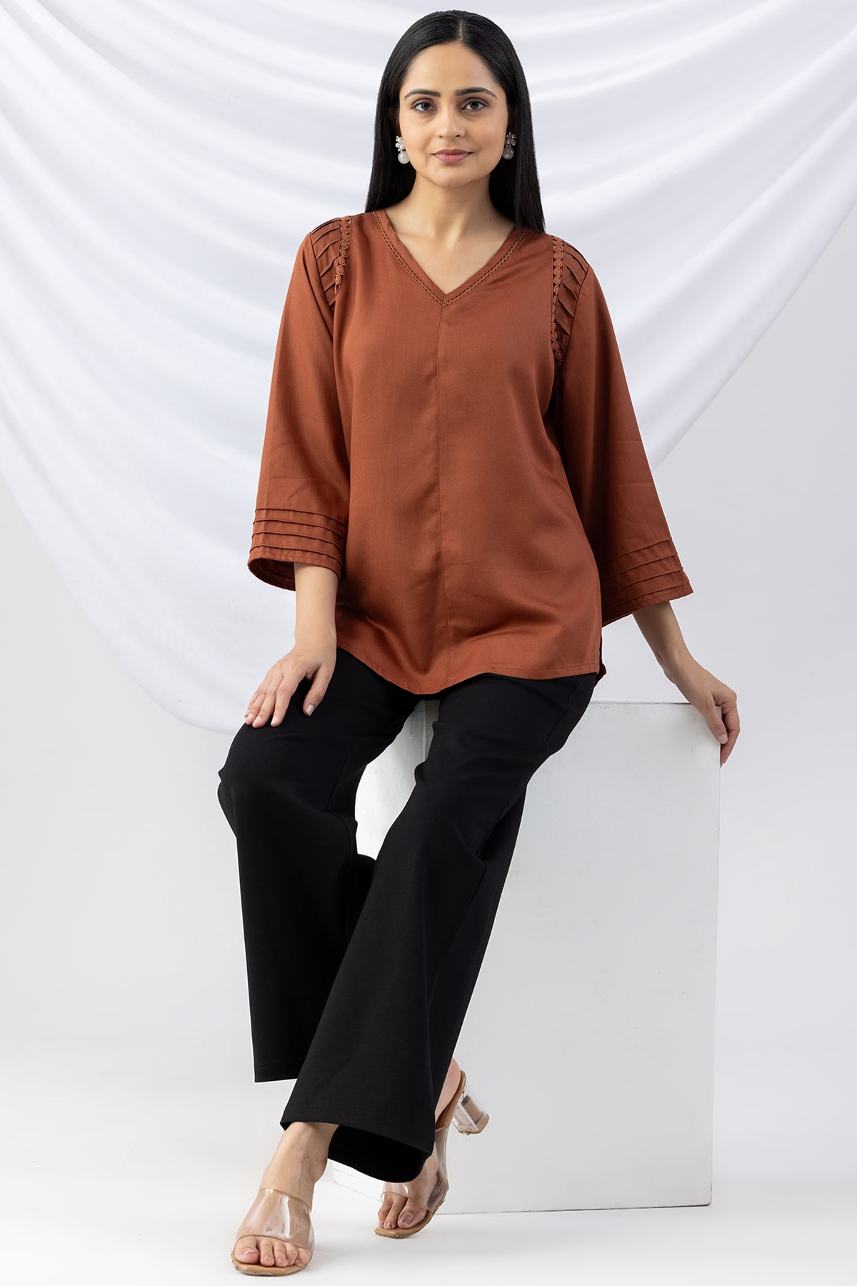 Pintuck Brown Winter Top For Ladies