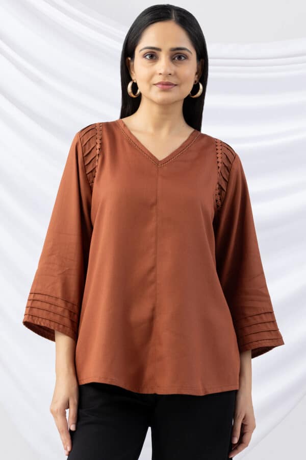 Pintuck Brown Winter Top For Ladies