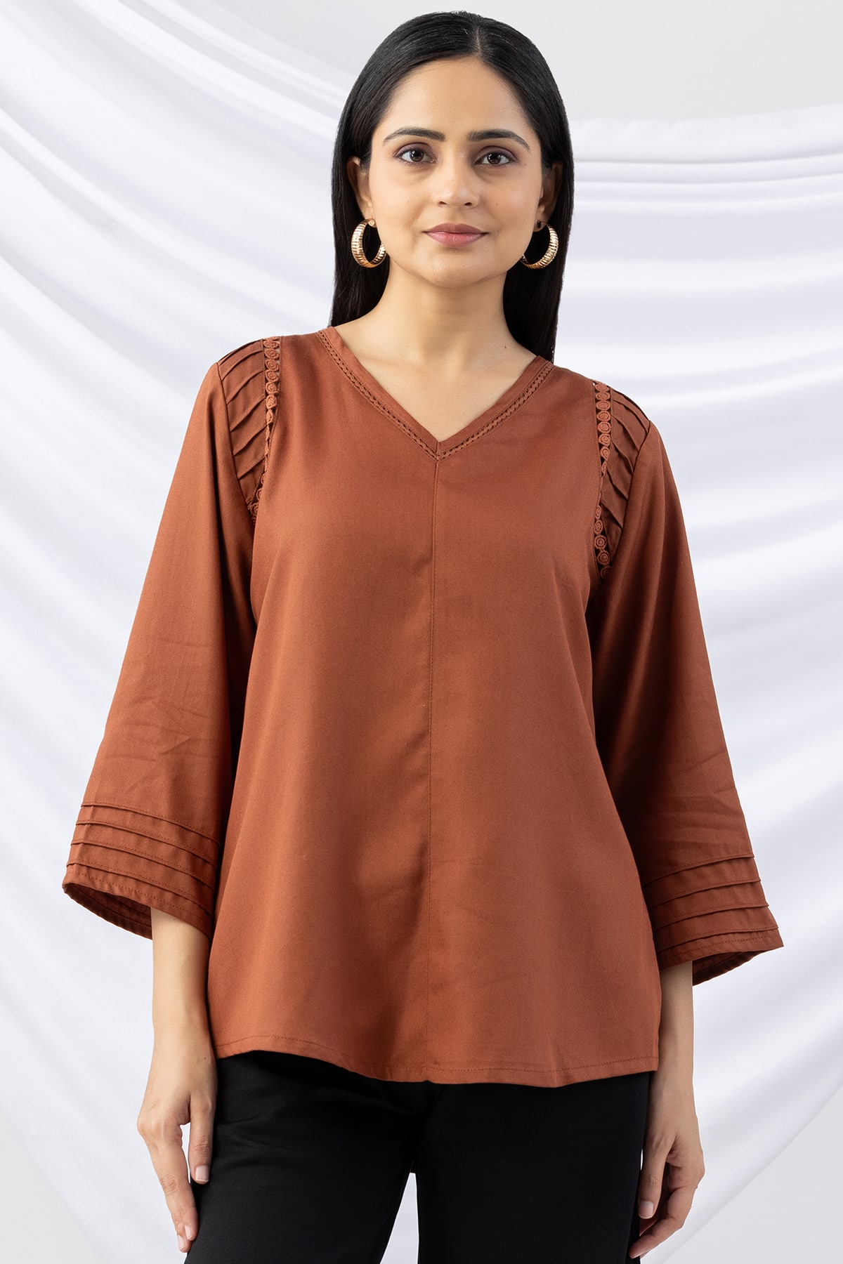 Pintuck Brown Winter Top For Ladies