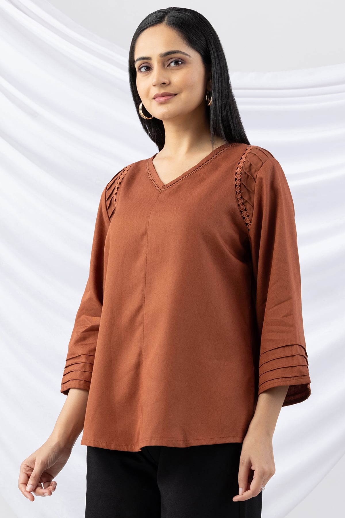 Pintuck Brown Winter Top For Ladies