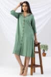 embroidered dress for women green cotton viscose lapel collar 3/4 sleeves