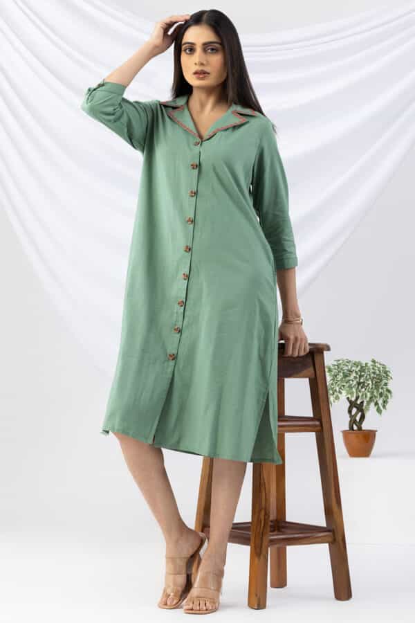 embroidered dress for women green cotton viscose lapel collar 3/4 sleeves