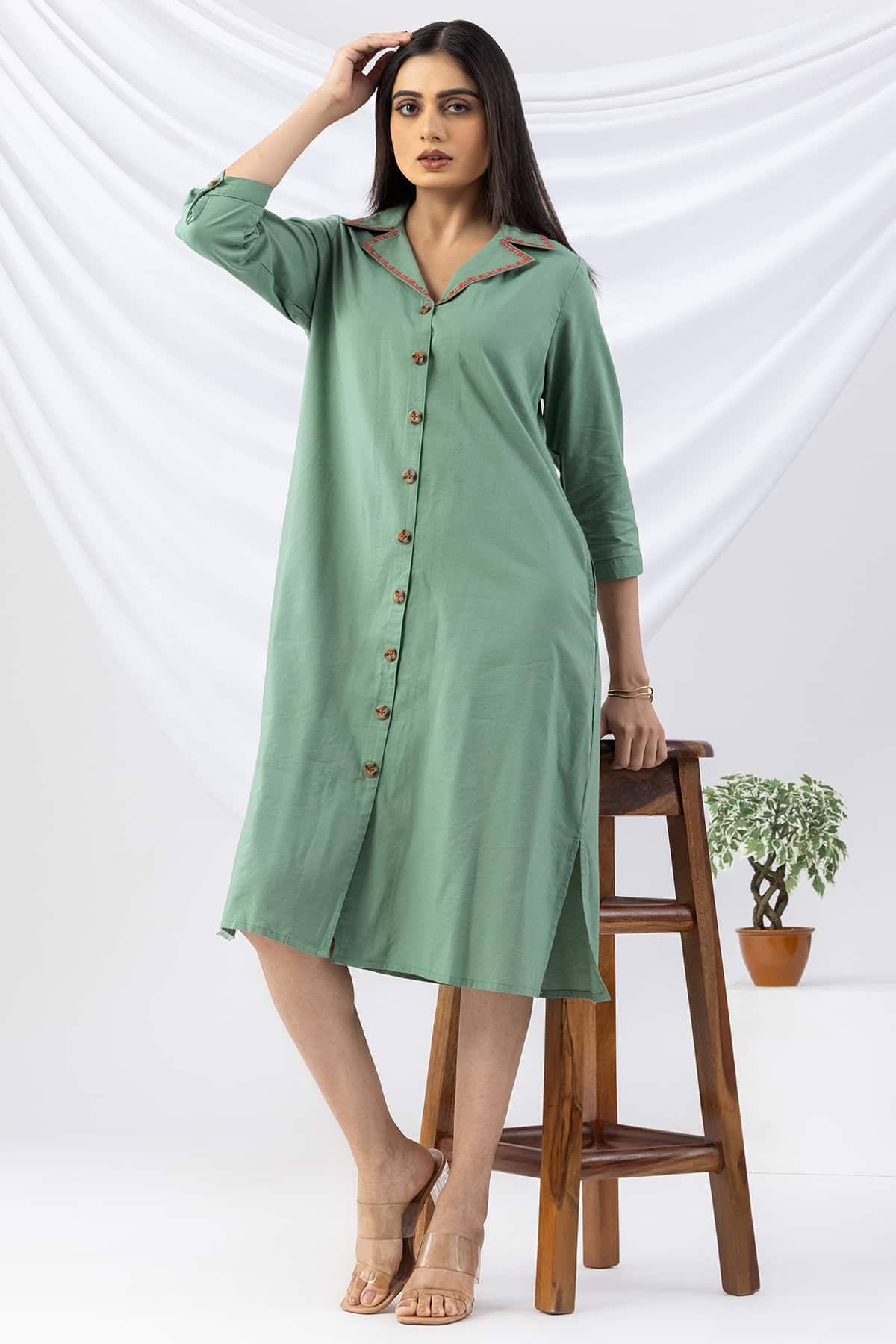 embroidered dress for women green cotton viscose lapel collar 3/4 sleeves