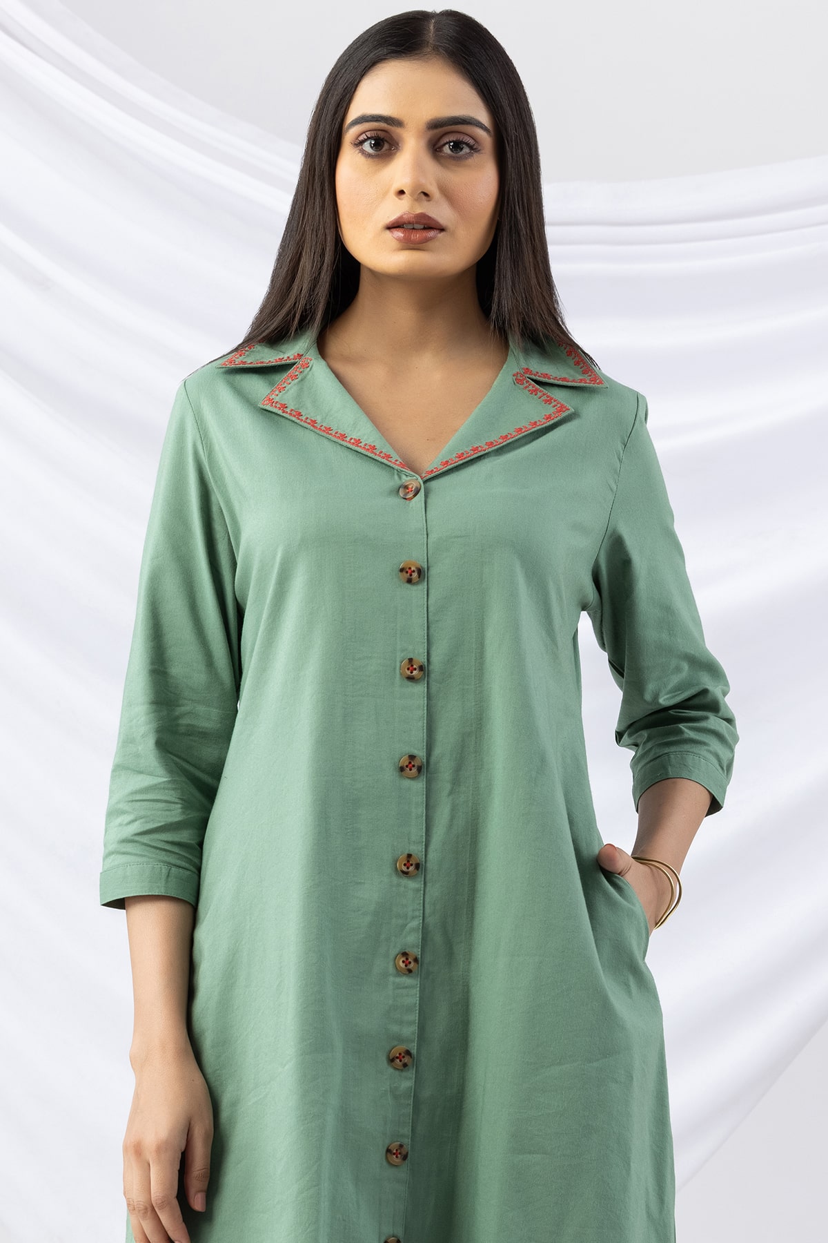 embroidered dress for women green cotton viscose lapel collar 3/4 sleeves
