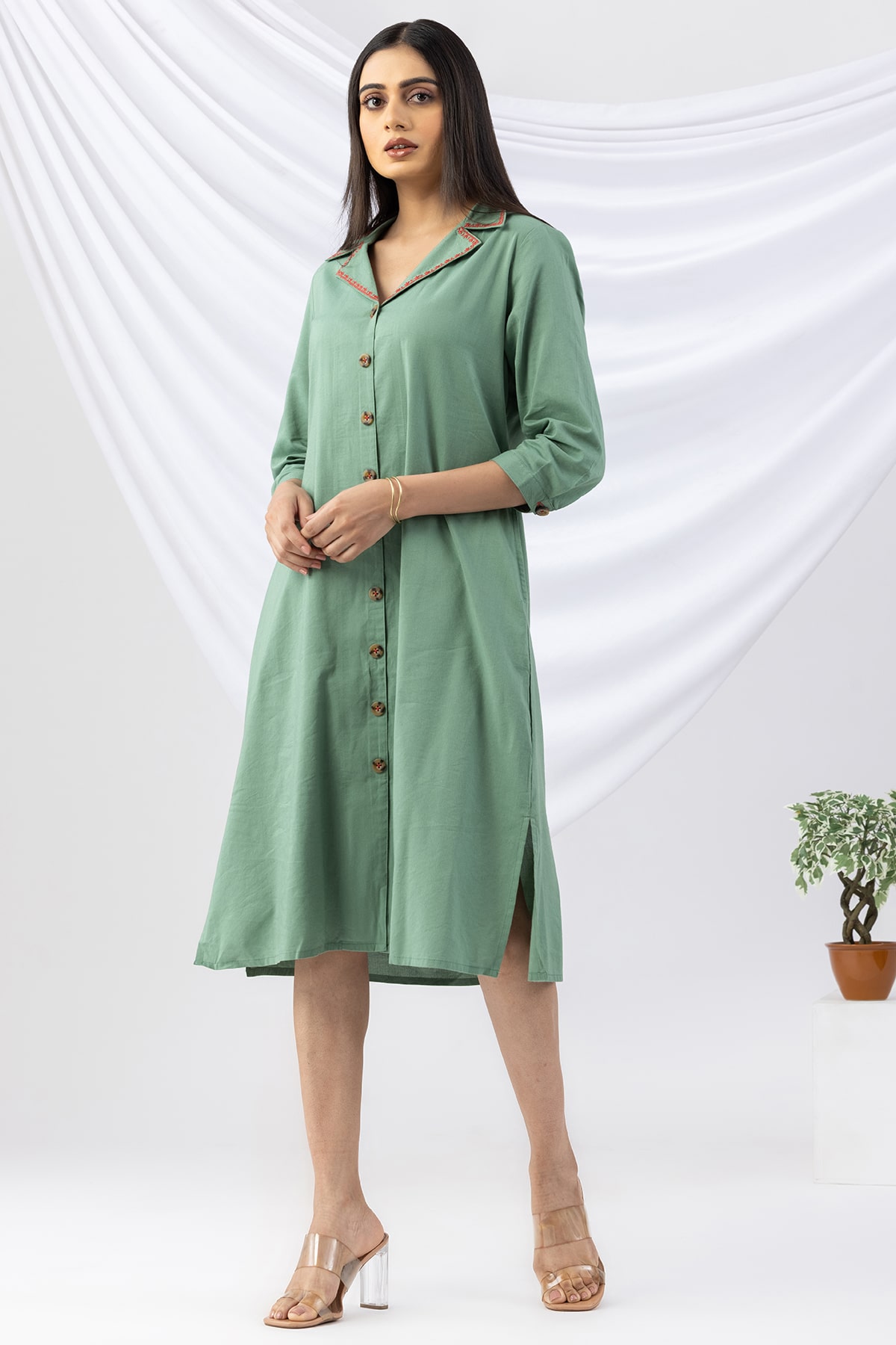 embroidered dress for women green cotton viscose lapel collar 3/4 sleeves