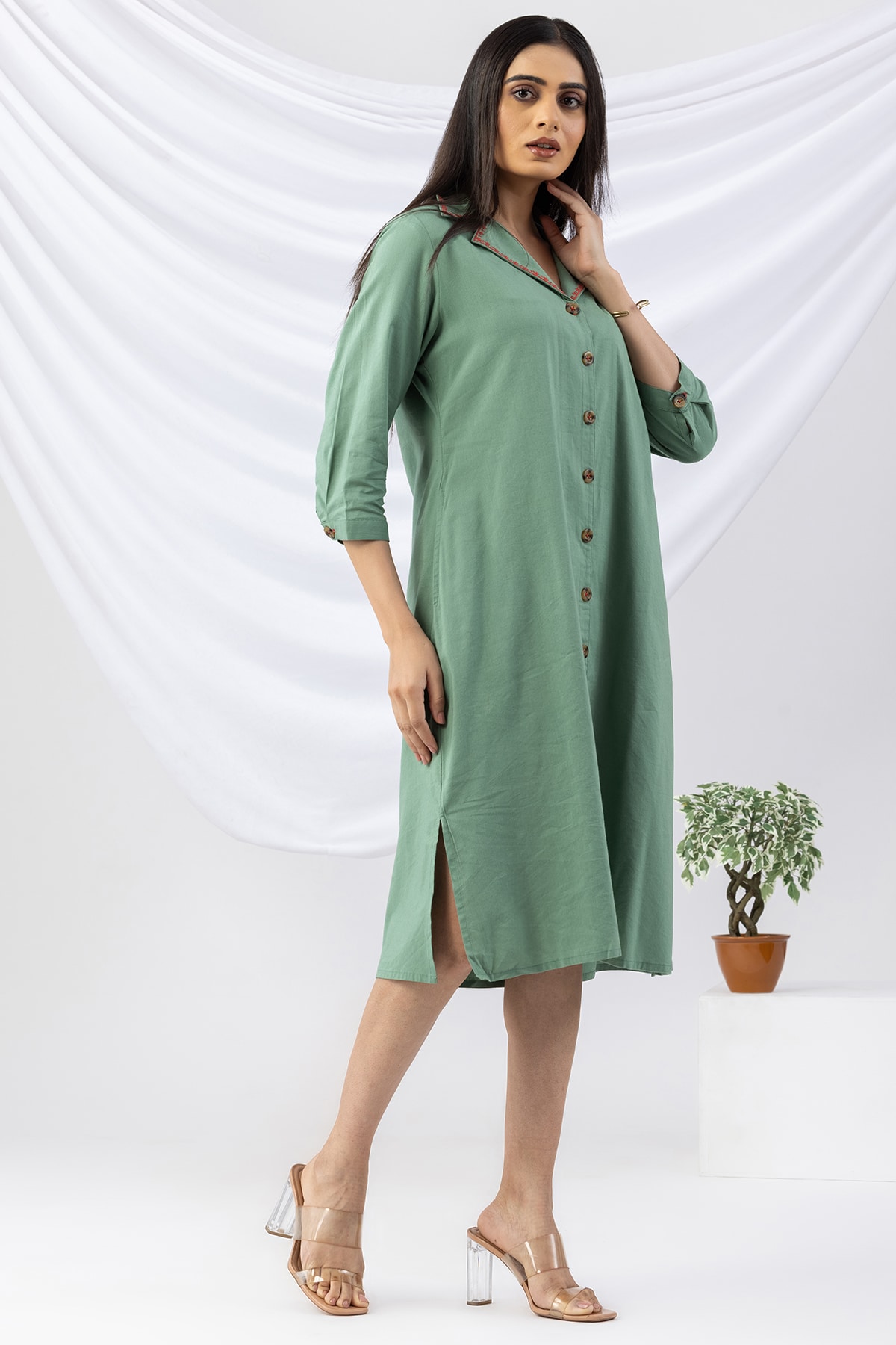 embroidered dress for women green cotton viscose lapel collar 3/4 sleeves
