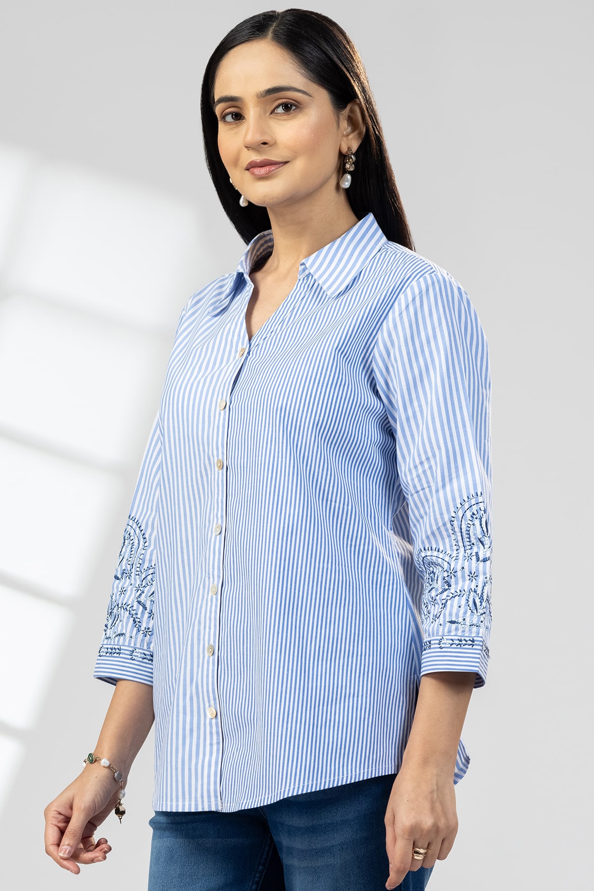 Blue Striped Cotton Shirt Ladies