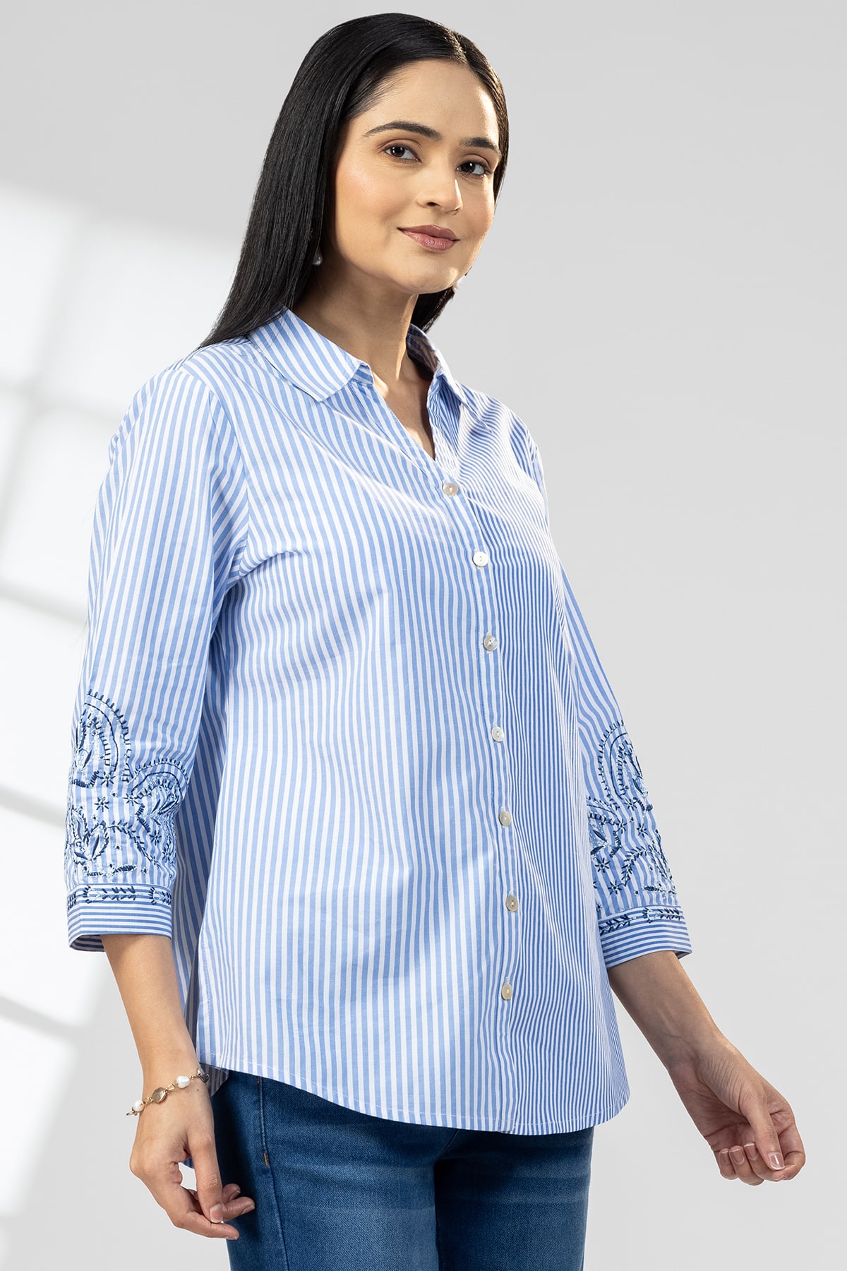 Blue Striped Cotton Shirt Ladies