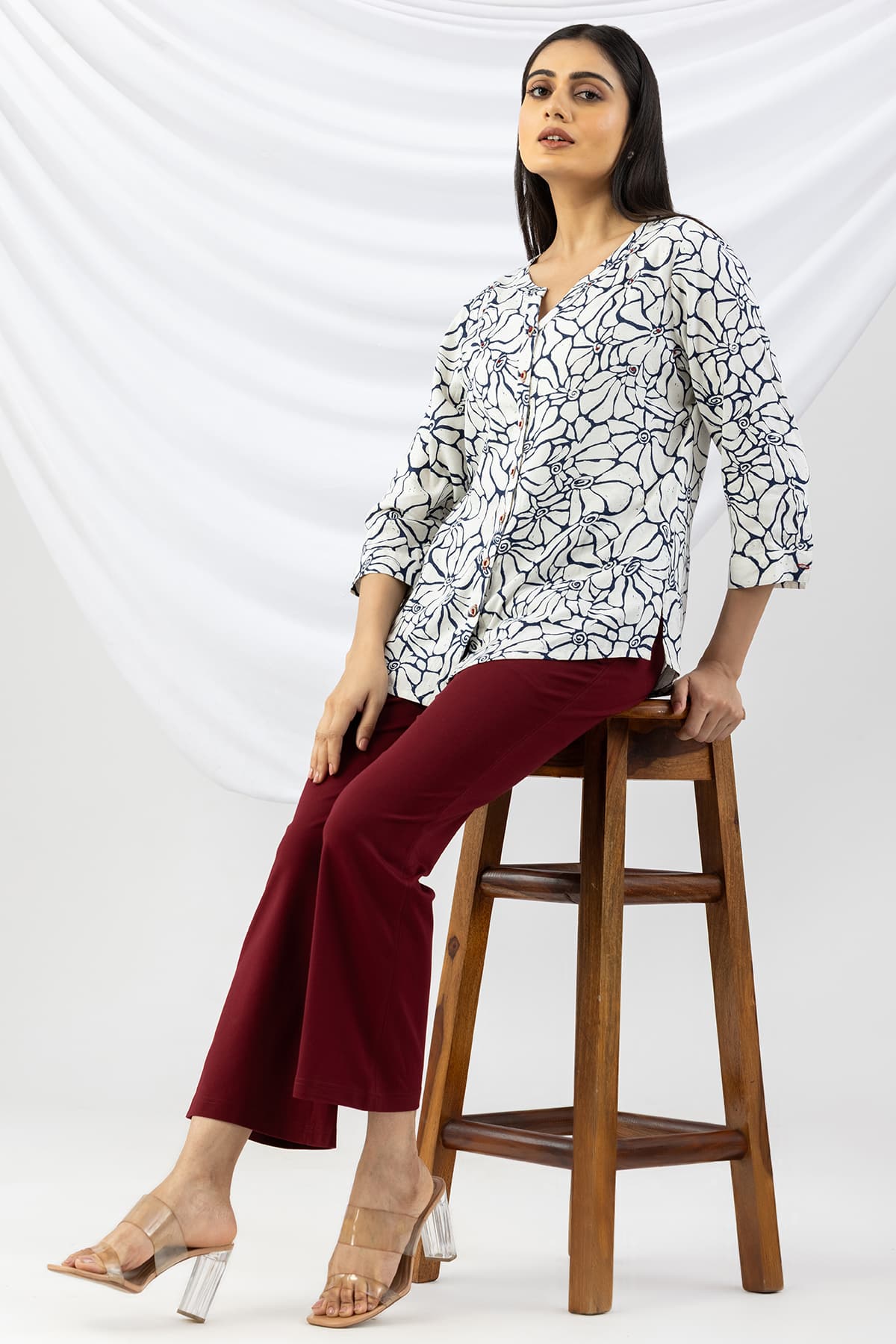 Printed Off White Linen Shirt For Women