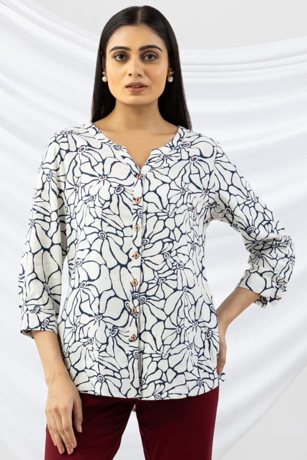 Printed Off White Linen Shirt For Women