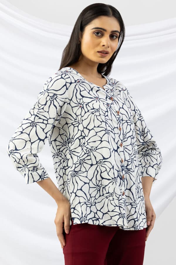 Printed Off White Linen Shirt For Women