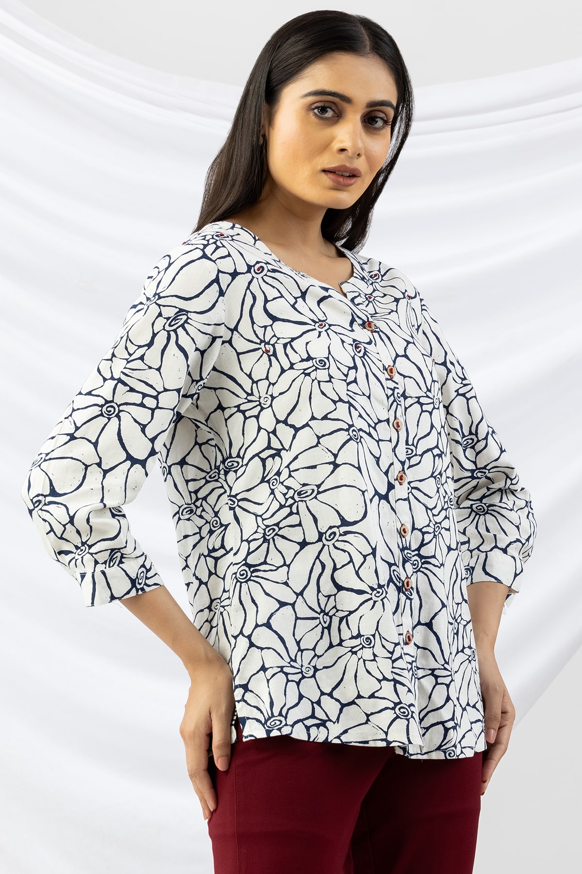 Printed Off White Linen Shirt For Women