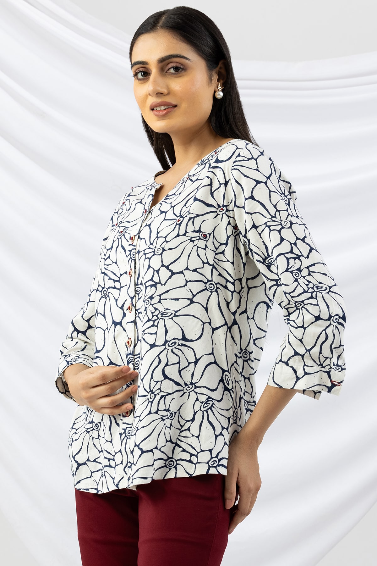 Printed Off White Linen Shirt For Women