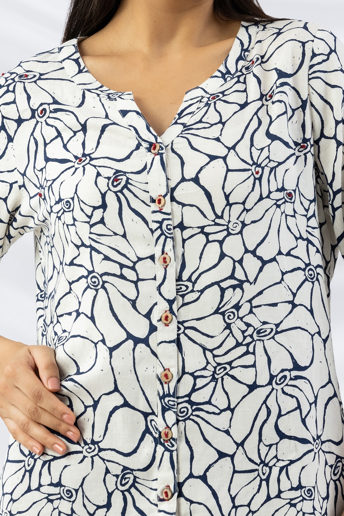 Printed Off White Linen Shirt For Women