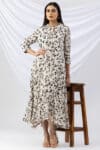 chiffon dress off white printed string tie neck 3/4 sleeves