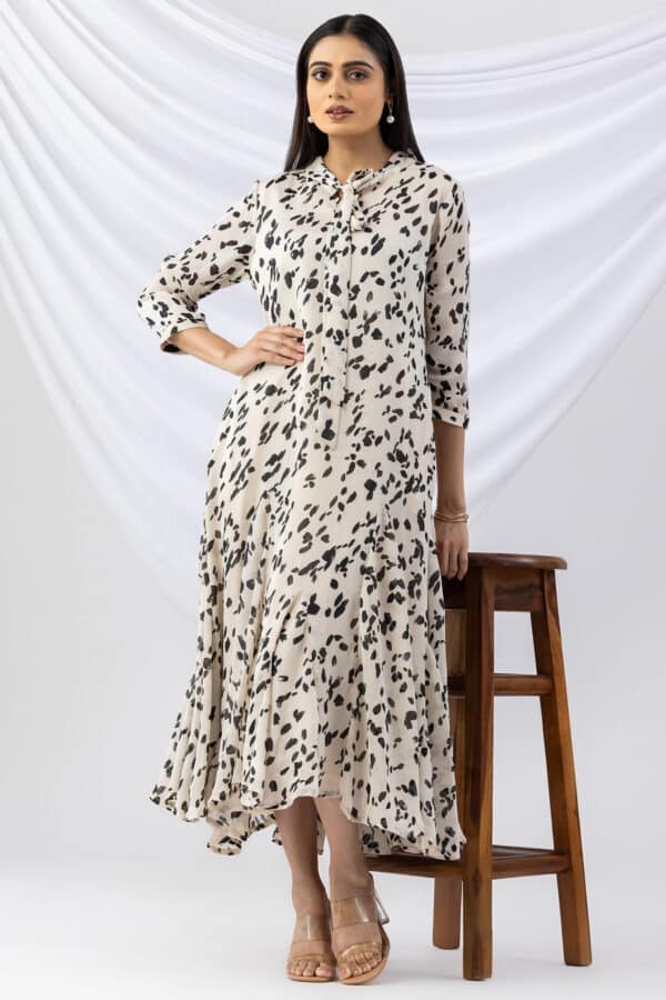 chiffon dress off white printed string tie neck 3/4 sleeves