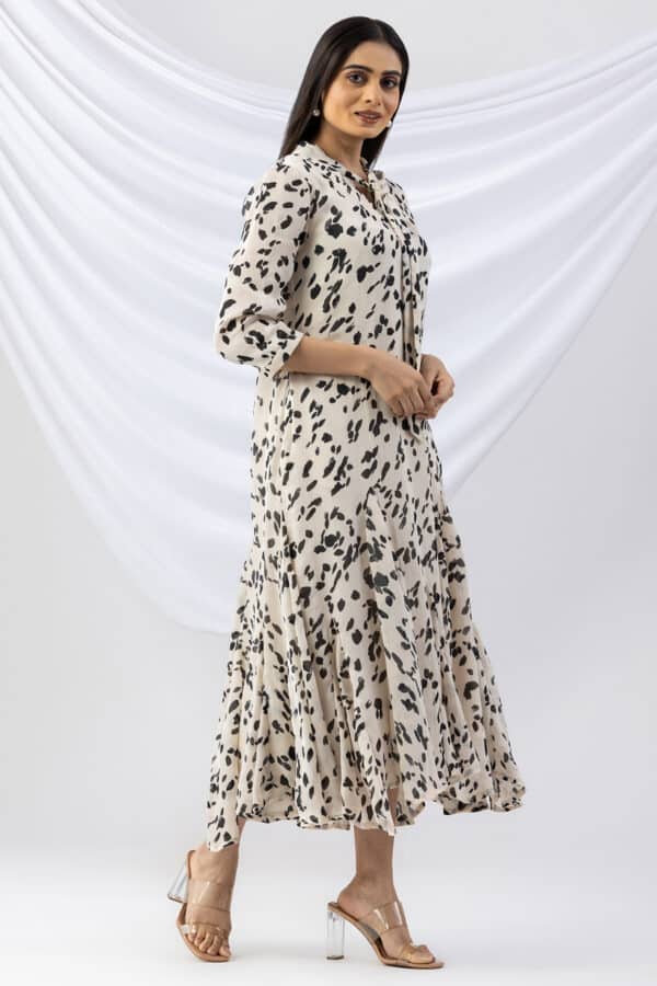 chiffon dress off white printed string tie neck 3/4 sleeves