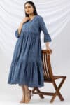 schiffli dress blue v neck flared sleeves casual wear