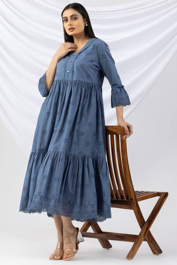 schiffli dress blue v neck flared sleeves casual wear