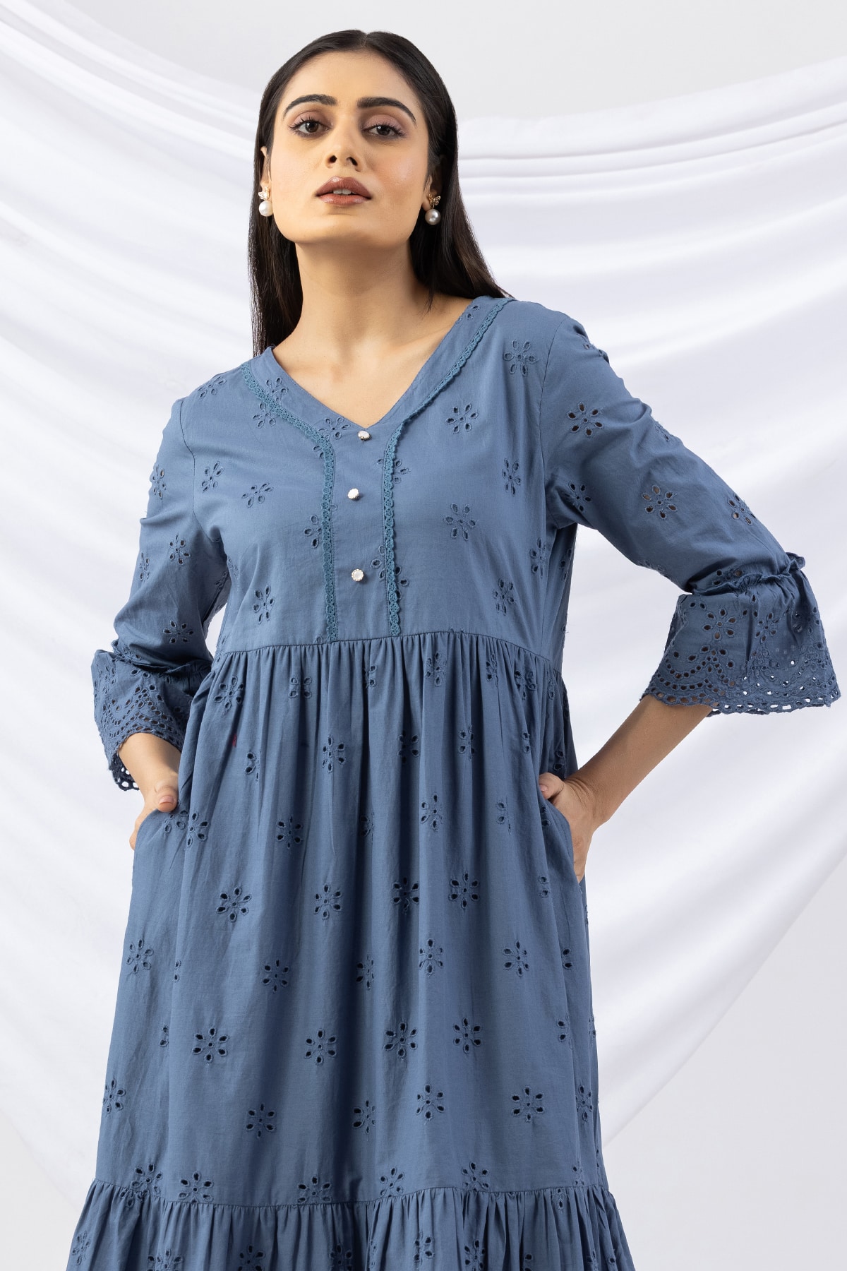 schiffli dress blue v neck flared sleeves casual wear