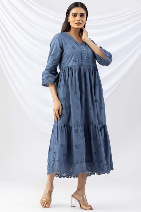 schiffli dress blue v neck flared sleeves casual wear