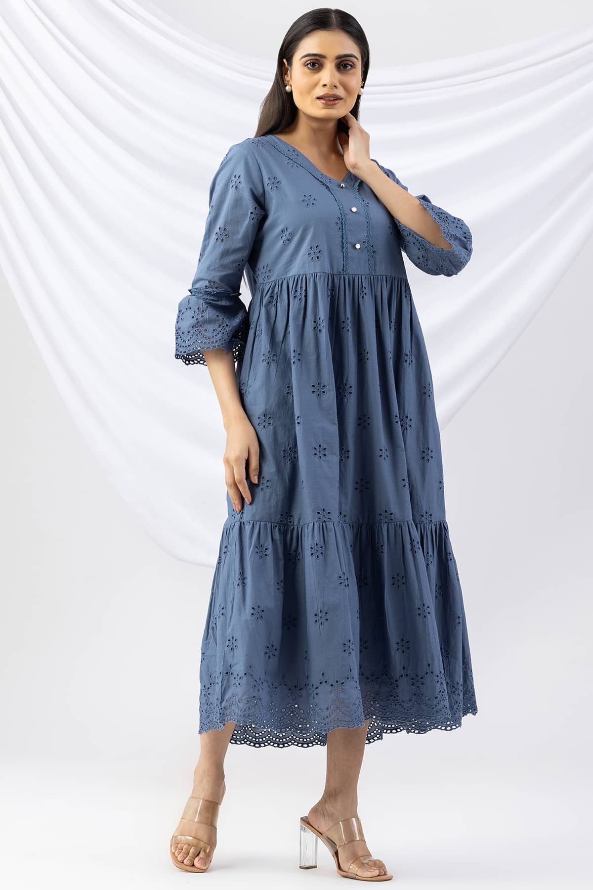 schiffli dress blue v neck flared sleeves casual wear
