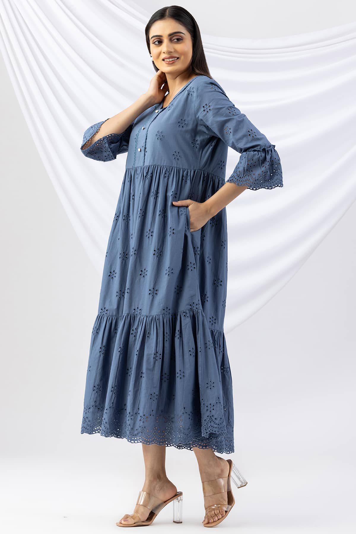 schiffli dress blue v neck flared sleeves casual wear