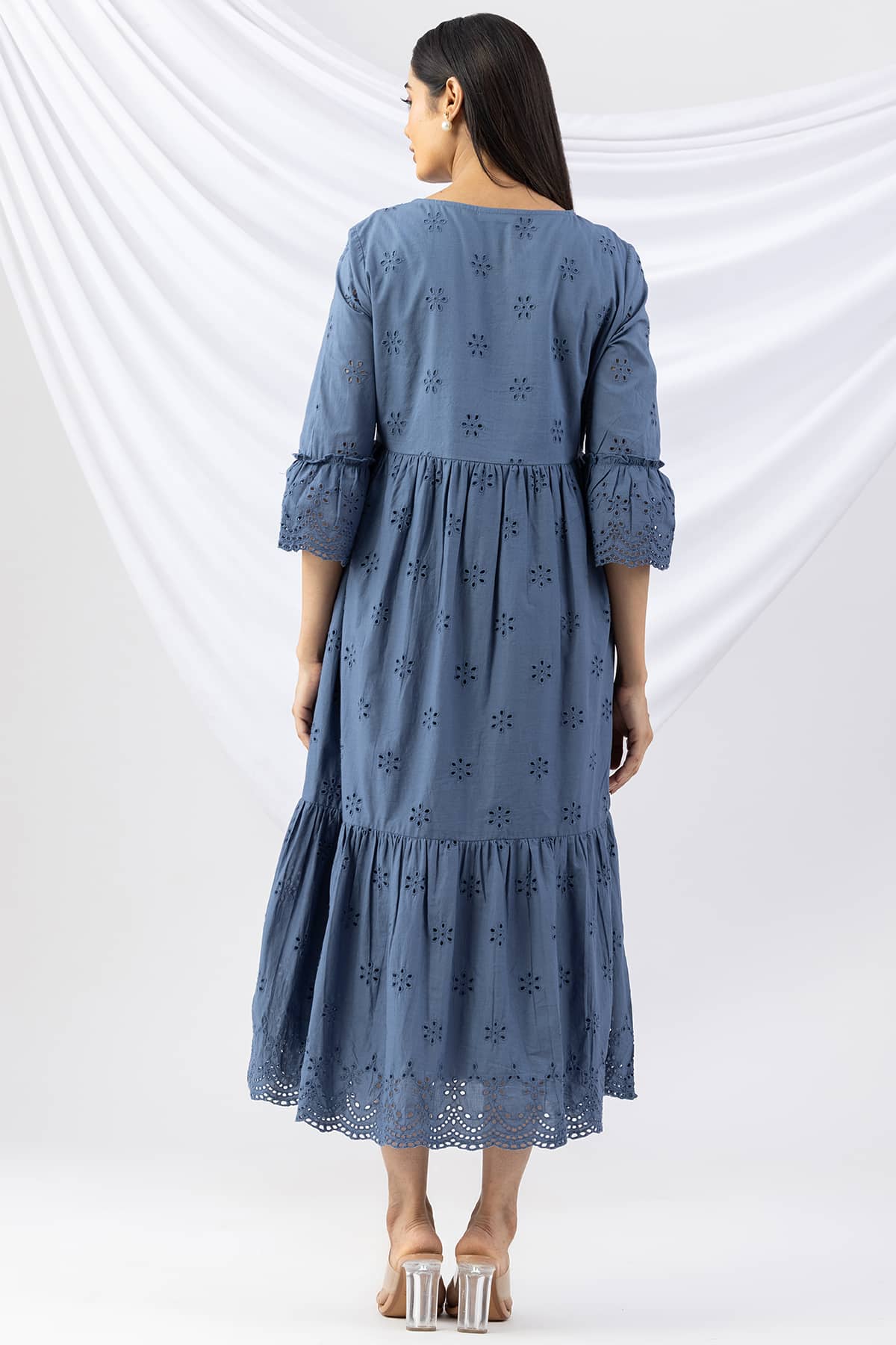 schiffli dress blue v neck flared sleeves casual wear